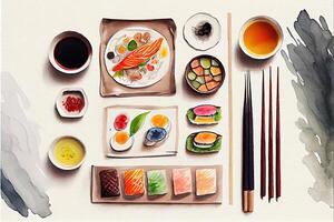 generativo ai ilustración de knolling japonés cocina alimento, acuarela pintar estilo, conjunto de asiático comida foto