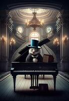 illustration of a surreal digital art of a cat wearing a top hat playing the grand piano photo