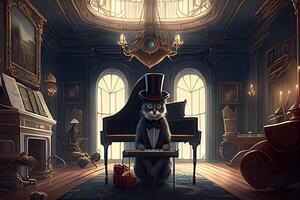 illustration of a surreal digital art of a cat wearing a top hat playing the grand piano photo