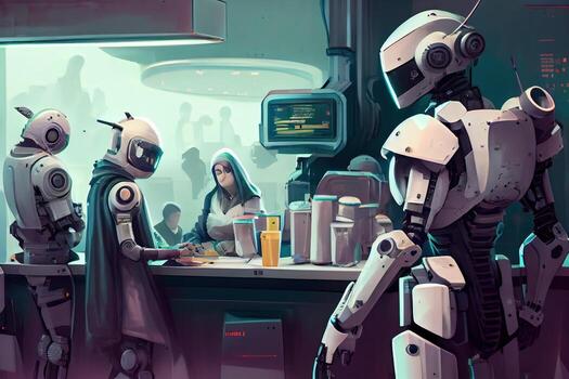 illustration of a futuristic robot cafe with a wide range of robot customers, where robots of all shapes and sizes come to enjoy a cup of java or a sweet treat photo