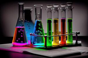 illustration of the periodic chart are test tubes and flasks used in laboratories with colored liquids photo