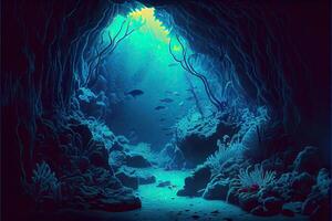 generativo ai ilustración de submarino mundo a el profundidad de el océano. submarino gargantas y túnel, organismos y pez. submarino profundo mundo, mar oscuridad, algas brillo, azul neón, corales foto