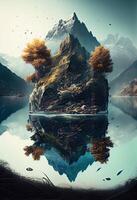 illustration of the beauty of nature with a stunning double exposure landscape featuring a river, trees, and feathers photo