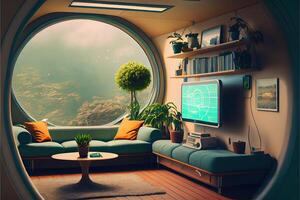 illustration of comfy living room from the year 2050, Scandinavian Japanese sci-fi design photo