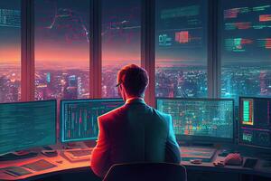 illustration of billionaire businessman data analyst in his futuristic control center, lots of monitors with statistical plots, economic graphs, charts, crypto data, glass windows photo