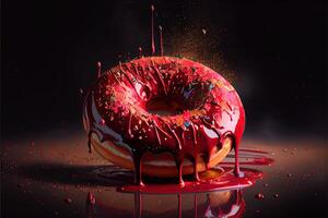 illustration of oil splatters, giant glistening doughnut, dark red candy apple, over top and dripping down sides, floating in black back drop. Digitally generated image photo