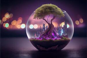 illustration of small root over rock bonsai inside a floating glass dome, tiny city, full tiny civilization with roads and lit buildings and skyscrapers, night cityscape photo