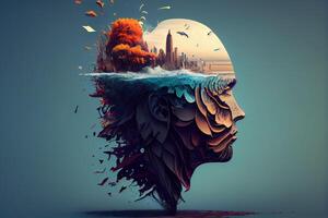 illustration of a mind in flux, a surreal digital artwork of a person's face fragmented into disparate states, state in mind, sad, negative, worry photo