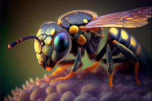 illustration of Super macro portrait of a wasp on a black background. Full-face macro photography. Large depth of field and a lot of details of the insect. photo