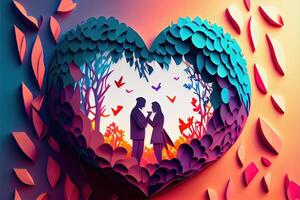 illustration of origami Valentine day background, happy couple, colorful. Paper cut craft, 3d paper style. Neural network generated art. Digitally generated image photo