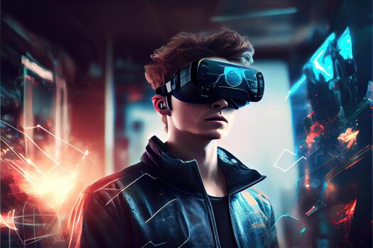 illustration of an enthusiastic young men wearing virtual reality goggles is inside the metaverse. Metaverse concept and virtual world elements. Neural network art photo