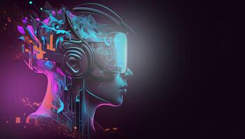 illustration of Metaverse concept and virtual world elements. Side view of human face in augmented or virtual reality headset inside the metaverse photo