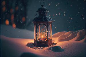 illustration of lantern with candles on a beautiful blue background with gold dust, stars and snow. Beautiful Christmas or New Year background. Neural network generated art. photo