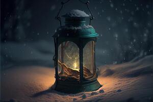 illustration of lantern with candles on a beautiful blue background with gold dust, stars and snow. Beautiful Christmas or New Year background. Neural network generated art. photo