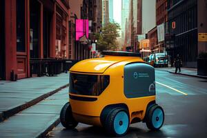 generativo ai ilustración de el futuro de entrega tecnología con autónomo mensajero robots en bullicioso urbano paisajes, un entrega robot como bien como autónomo entrega carros creado por un negocio foto