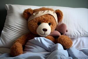 generativo ai ilustración de un osito de peluche oso tendido en cama y sensación enfermo foto