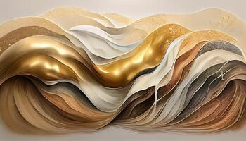 illustration of abstract fluid composing waves of varying sizes and colors is divided into layers, taupe, ivory, white, beige, and soft gold colors, gold glitter photo