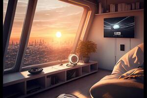 illustration of comfy living room from the year 2050, Scandinavian Japanese sci-fi design photo