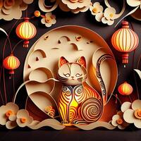 illustration of Paper cut craft, quilling multi dimensional Vietnamese style, cute zodiac kitty cat with lanterns in background, chinese new year. 3d paper illustration style. photo