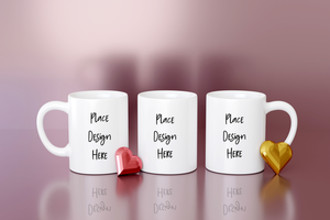 3 mug mockup for 3 sides print presentation on pink background with gold heart. Tea cup design presentation for Valentines psd