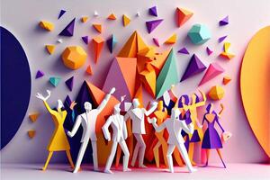 generativo ai ilustración de personas en nuevo años víspera fiesta fondo, hombres y mujer celebrando Días festivos juntos, ir de fiesta, aplausos y baile. papel cortar artesanía, 3d papel ilustración estilo. foto