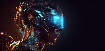 illustration of Metaverse concept and virtual world elements. Side view of human face in augmented or virtual reality headset inside the metaverse photo