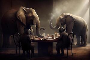 generativo ai ilustración de africano elefantes jugando póker en un ahumado habitación, el elefante póker juego foto
