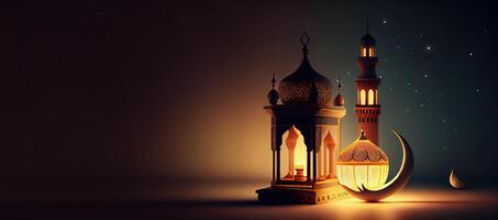 illustration of Islamic holiday. Ramadan night. Mosque and lantern displayed on stages with glowing light in the evening. Wallpaper and banner background. photo