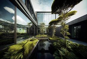 illustration of Gorgeous garden on the rooftop of a contemporary glass office building in Asia photo