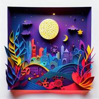 illustration of Photo paper cut quilling multidimensional paper cut, craft paper illustration, fireworks and beautiful city in new year eve, national day with colored lights, pop color.