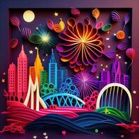 illustration of Photo paper cut quilling multidimensional paper cut, craft paper illustration, fireworks and beautiful city in new year eve, national day with colored lights, pop color.