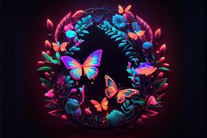 illustration of Abstract neon background with flowers and butterflies. Abstract fantasy floral sci - fi neon portal, neon illumination. Plant light neon tunnel with butterflies. photo