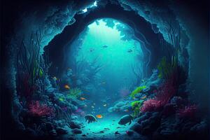 illustration of underwater world at the depth of the ocean. Underwater gorges and tunnel, organisms and fish. Underwater deep world, sea darkness, algae glow, blue neon, corals. photo