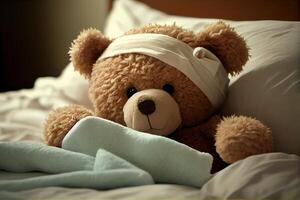 illustration of a teddy bear laying in bed and feeling sick photo