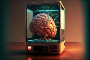 illustration of a brain in a jar sitting in an old lab, wires everywhere connect it to a row of monitors and glowing computer screens photo