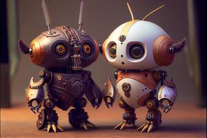 illustration of two cute robots stay together on ground, futurism, high tech. photo