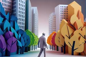 Business man in the city background, colorful. Business handshaking, successful concept. Paper cut craft, 3d paper illustration style. Neural network generated art. photo