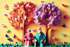 generativo ai ilustración de origami primavera fondo, alegre anciano, contento familia con padre, vistoso. papel cortar artesanía, 3d papel ilustración estilo, popular color. neural red generado Arte. foto