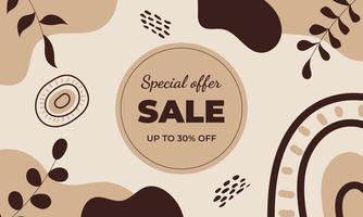 Aesthetic background sale. Boho background. Background with sun, leaves, dots and geometric shapes in boho and aesthetic style. Vector Illustration.