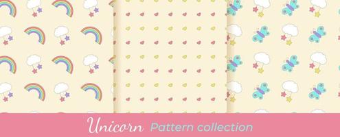 colección de unicornio patrones. conjunto de mágico vector patrones. sin costura patrones con arcoíris, nubes, corazones, mariposas, estrellas.