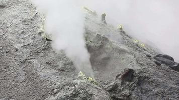 Eruption of steam and gas from fumaroles in crater of active volcano video