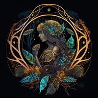 illustration of cyberpunk Zodiac sign with a forest growing on shoulders, galaxy, centered inside intricate gold circle of foliage photo