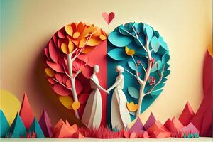 illustration of origami Valentine day background, happy couple, colorful. Paper cut craft, 3d paper style. Neural network generated art. Digitally generated image photo