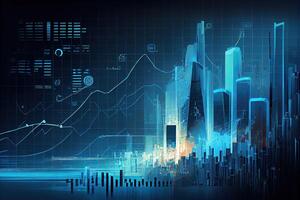 illustration of financial charts, futuristic, silhouette crypto currency market, isometric, blue background photo