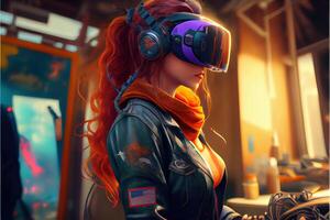 illustration of an enthusiastic young women wearing virtual reality goggles is inside the metaverse. Metaverse concept and virtual world elements. Neural network art photo