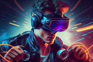 illustration of man with virtual reality VR goggle playing AR augmented reality game and entertainment, futuristic metaverse gameFi NFT game ideas photo