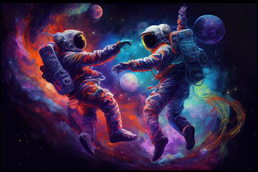 generativo ai ilustración de dos astronautas, vestido en trajes espaciales, son flotante en cero gravedad mientras bailando cercanamente. el antecedentes es un asombroso ver de el galaxia, con estrellas y nebulosas foto