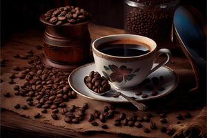 illustration of Cup of coffee and coffee beans on old wooden table and the plantations tea hill background photo