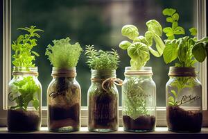 illustration of different herbs growing in jars on a window, including basil, sage, chives, parsley, oregano, and thyme photo