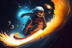 illustration of a space explorer riding a rocket-powered surfboard through an asteroid field, in a digital art style with a galactic color palette photo